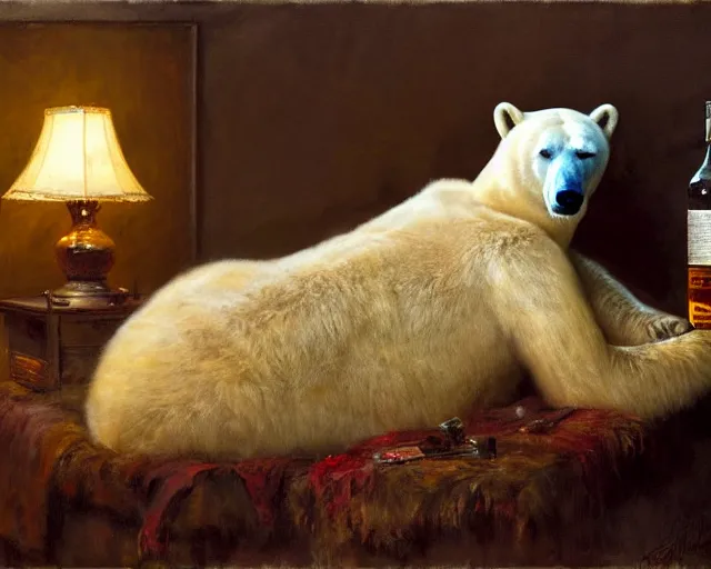 Image similar to an exhausted polar bear girl in her studio with a bottle of whisky. furry body. highly detailed painting by gaston bussiere, craig mullins, j. c. leyendecker 8 k