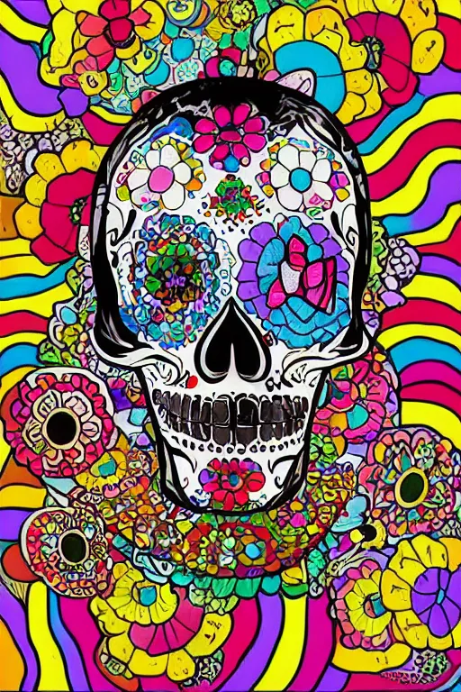 Prompt: illustration of a sugar skull day of the dead girl, art by takashi murakami