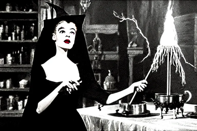 Prompt: close up portrait, dramatic lighting, teen bride of frankenstein witch calmly pointing a magic wand casting a spell over a large cauldron, cat on the table in front of her, a witch hat cloak, apothecary shelves in the background, still from the wizard of oz and peter pan