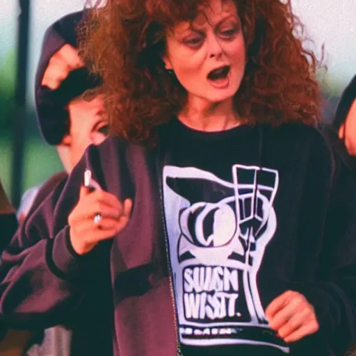 Image similar to 1 9 9 0 s video still of susan sarandon, wearing a hip hop hoodie, rapping on stage at a small outdoor concert, vhs artifacts