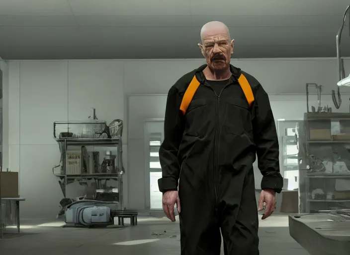 Image similar to film still of Walter White as Gordan Freeman wearing Black Mesa Jumpsuit in the Half Life Movie, 4k