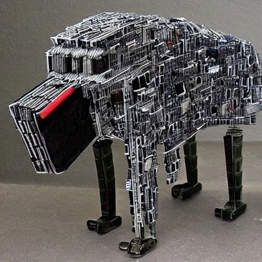 Prompt: a dog made of old computer parts