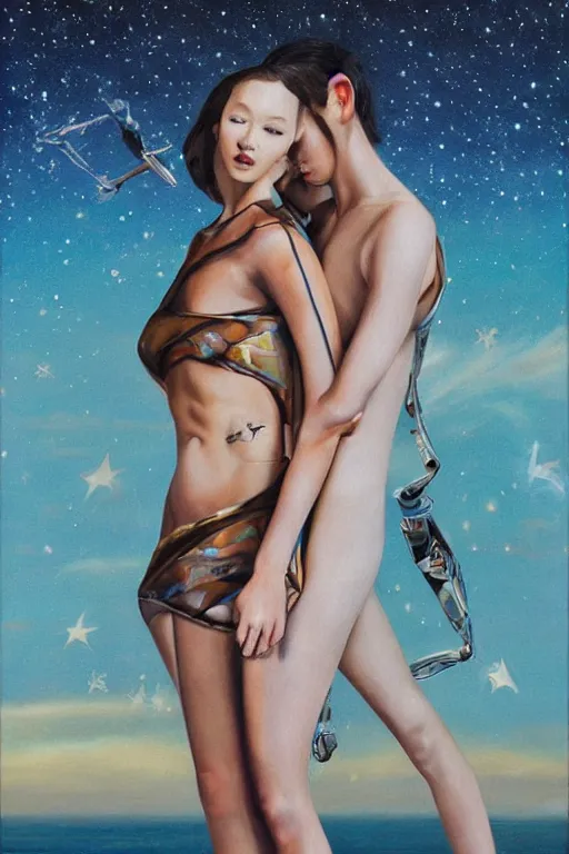 Prompt: hyperrealism oil painting, Fashion model with cyborg partner, ocean pattern mixed with star sky in front, in style of classicism mixed with 70s japanese sci-fi book art