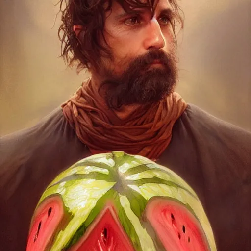 Image similar to a watermelon as aragorn by alan lee, leather armor, golden hour, concept art, detailed clothing, art station, oil painting, art by artgerm and greg rutkowski and alphonse mucha