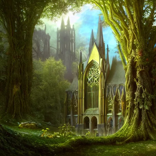 Prompt: a beautiful and highly detailed matte painting of a beautiful cathedral in a magical fantasy forest, otherworldly trees and plants and flowers, celtic vegetation, epic scale, insanely complex, hyperdetailed, sharp focus, hyperrealism, artstation, cgsociety, 8 k, bright colors, by caspar friedrich, albert bierstadt, james gurney, brian froud,