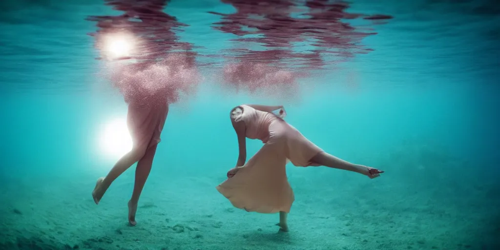 Image similar to deep underwater photography of beautiful model in flat dress by emmanuel lubezki