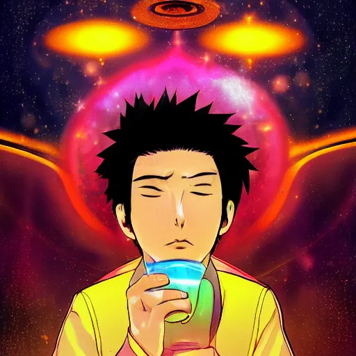 Prompt: A man drinking a cup of cosmic energy bright light by Masafumi Harada, 4k, digital art, surreal, anime style, space dandy style, highly detailed, godsend, artstation, space
