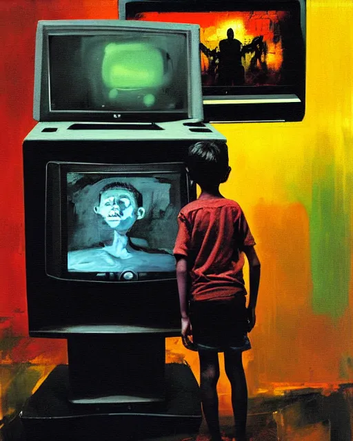 Image similar to expressive painting of a an 8 years old enlightened and scared boy standing in front of an old computer with a game doom2 at the monitor screen painted by Adrian Ghenie, by Gerhard Richter and Marlene Dumas.