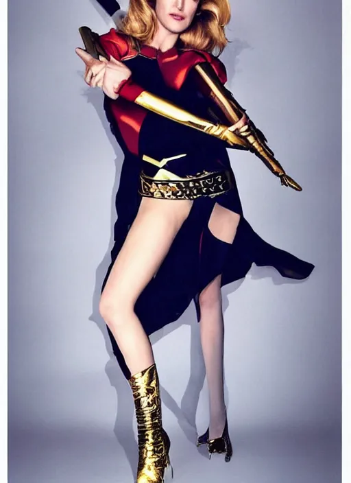 Image similar to full length photo of a gorgeous Gillian Anderson dressed as wonder woman by Mario Testino, detailed, head shot, award winning, Sony a7R