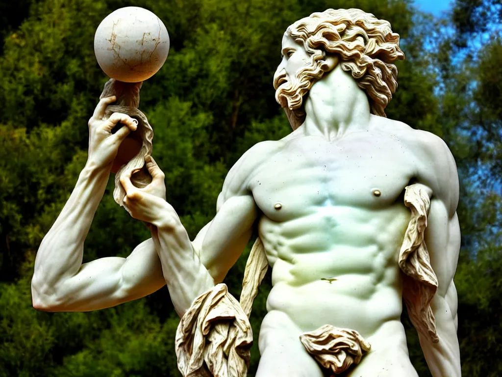 Image similar to close up photograph of an alabaster statue of the greek god of the sea holding a golden orb