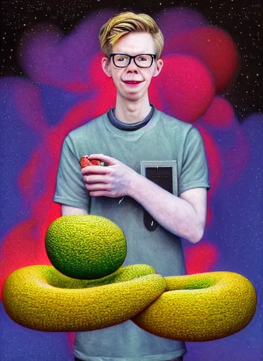 Prompt: hyper detailed 3d render like a Oil painting - friendly portrait of youtuber Hank Green in Aurora (Singer) seen Eating of the Strangling network of yellowcake aerochrome and milky Fruit and Her delicate Hands hold of gossamer polyp blossoms bring iridescent fungal flowers whose spores black the foolish stars by Jacek Yerka, Mariusz Lewandowski, Houdini algorithmic generative render, Abstract brush strokes, Masterpiece, Edward Hopper and James Gilleard, Zdzislaw Beksinski, Wolfgang Lettl, hints of Yayoi Kasuma, octane render, 8k
