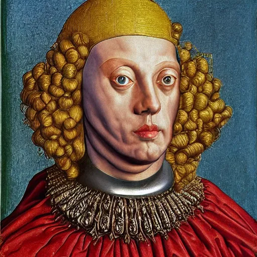Image similar to a portrait of a shiny metallic renaissance robot, in the style of Jan van Eyck,