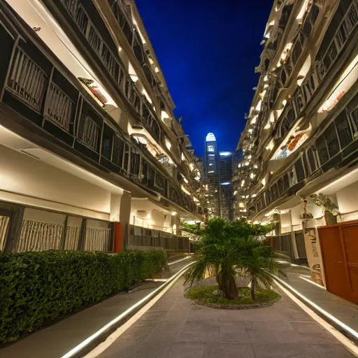 Image similar to hong kong apartment complex courtyard at night, photography