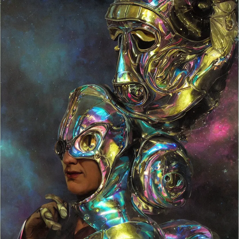 Prompt: a neoclassicist portrait of a an cosmic being with a retrofuturistic venetian carnival mask. iridescent reflective alien butterfly textures. foggy black background. highly detailed science fiction painting by norman rockwell, frank frazetta, syd mead and moebius. rich colors, high contrast, gloomy atmosphere, dark background. trending on artstation.