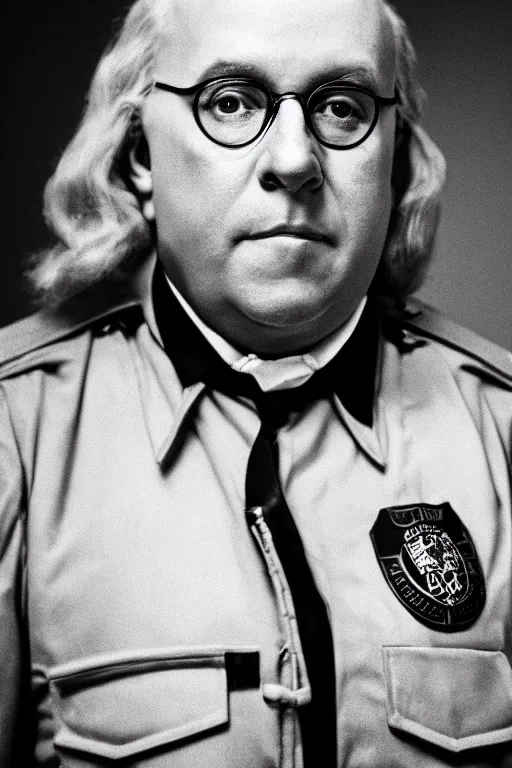 Prompt: benjamin franklin wearing a security guard uniform in police academy. dslr, 5 0 mm, f / 2. 8, studio lighting