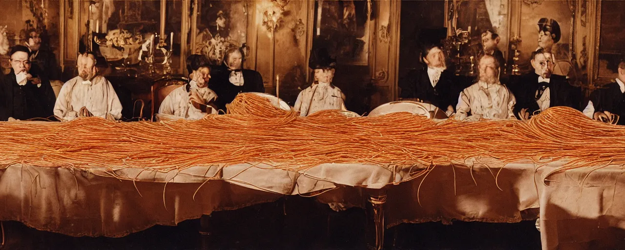 Image similar to a long banquet table covered in spaghetti, victorian era, ravenous guests, canon 5 0 mm, cinematic lighting, photography, retro, film, kodachrome, closeup