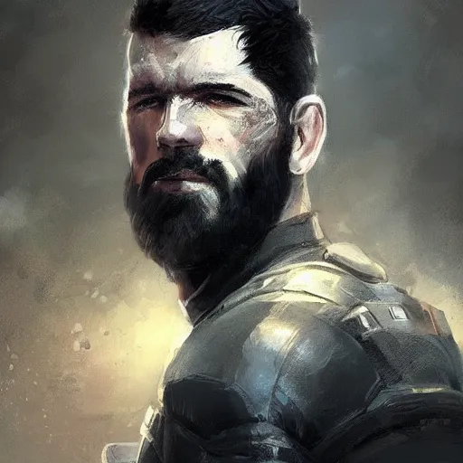 Image similar to portrait of a man by greg rutkowski, he looks like scott adkins, he is wearing a black kevlar gear, highly detailed portrait, digital painting, artstation, concept art, smooth, sharp foccus ilustration, artstation hq