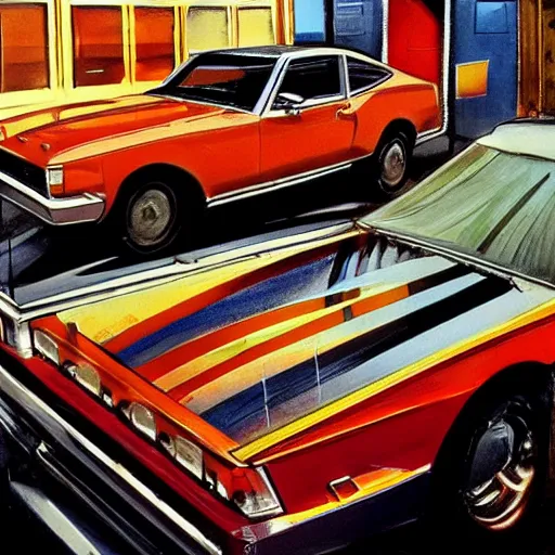 Image similar to detailed details photorealistic pictures of car garage in the style of bob peak and alex ross, gouache and wash paints color, detailed details facial and body and human and environments and proportionate, detailed 5 k details.