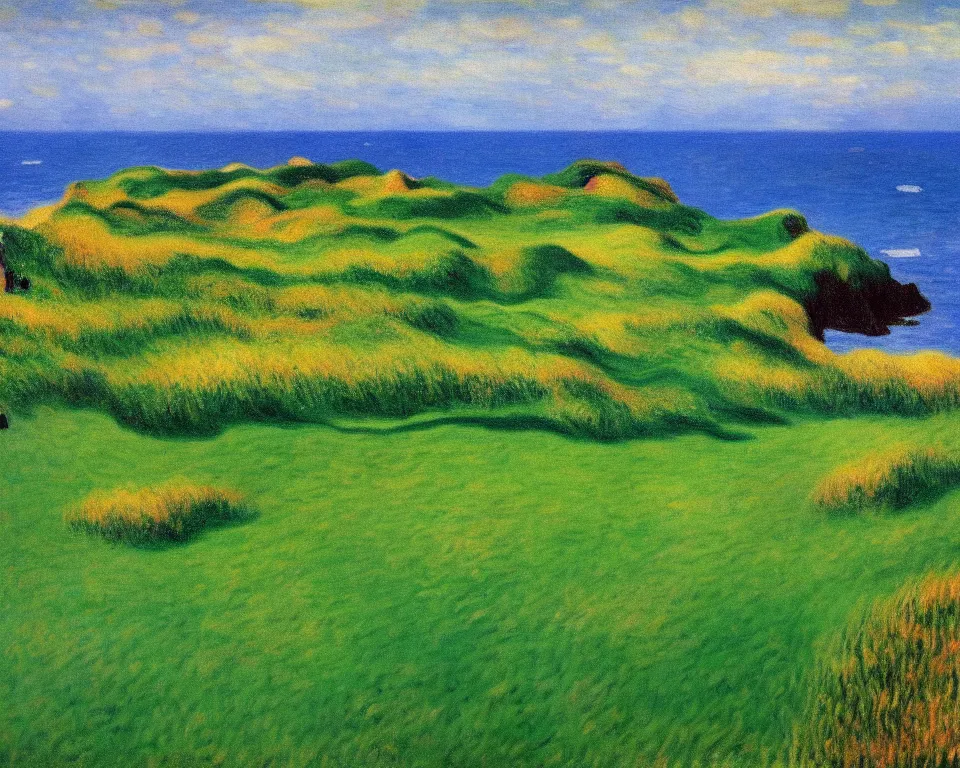 Prompt: achingly beautiful painting of bandon dunes fairway by rene magritte, monet, and turner.