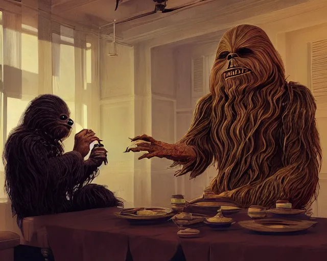 Prompt: wookiee at home trading crypto. the charts are at all time highs, gains, green charts, painting by frank frazetta, 3 d rendering by beeple, wlop