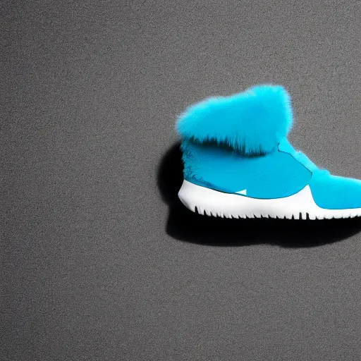 Image similar to nike shoe made of very fluffy cyan faux fur placed on reflective surface, professional advertising, overhead lighting, heavy detail, realistic by nate vanhook, mark miner