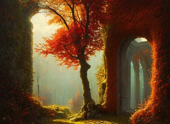 Prompt: autumn portal of love, ferdinand knab, alena aenami