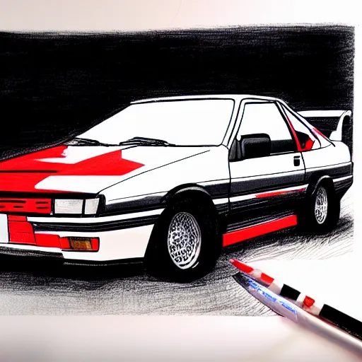 Image similar to black AE86 Trueno red glowing drawn by Shuichi Shigeno and Michiharu Kusunoki pen ink drawing