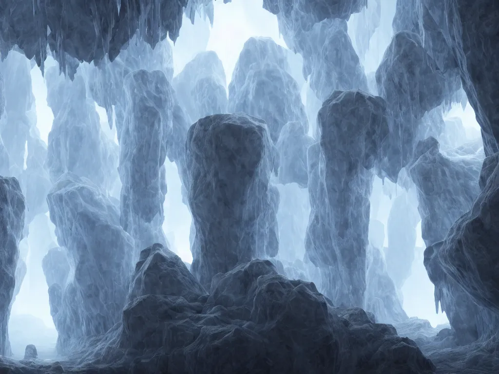 Prompt: foggy translucent crystal cave, home of ice fairies; by noah bradley; hyperrealistic, 4K wallpaper, Unreal Engine, highly detailed, dramatic Lighting, beautiful