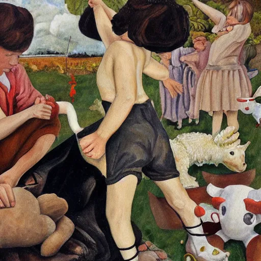 Prompt: a Stanley Spencer painting titled 'I caught a Cubone'