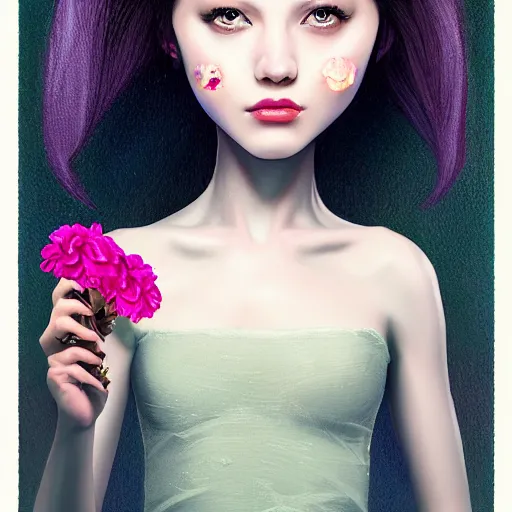 Prompt: an intelligent young women looking at the camera, she has a beautiful unconventional face, she is surrounded by an explosion of 3 d flowers, elegant, highly detailed, digital painting, artstation,, concept art, pop, smooth, sharp focus, illustration, art by mark ryden and 3 d 8 k ultra detailed