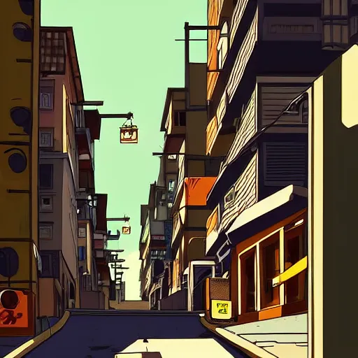 Prompt: city street, sloped street, city on hillside, street scene, colorful buildings, cel - shading, 2 0 0 1 anime, flcl, jet set radio future, golden hour, japanese town, concentrated buildings, japanese neighborhood, construction site, cel - shaded, strong shadows, vivid hues, y 2 k aesthetic