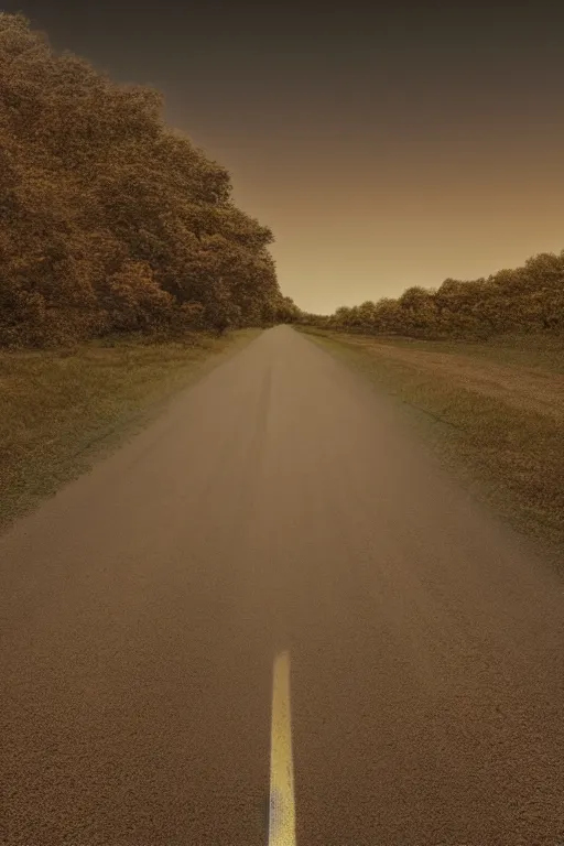 Image similar to photo of a road with no end, sepia dust filling background, photorealistic, tonemapped