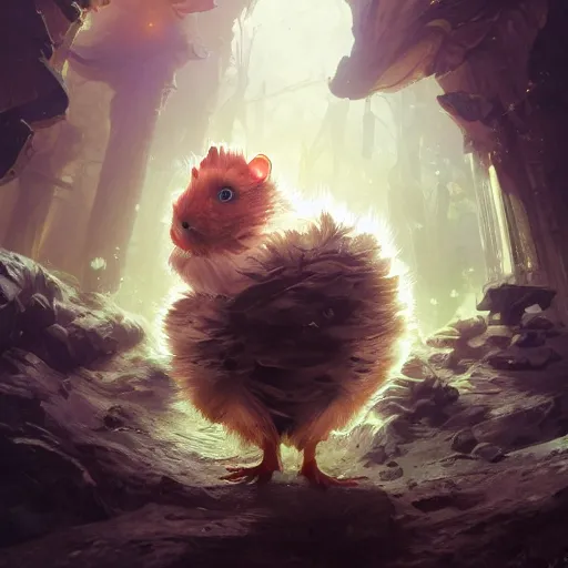 Image similar to hen/hamster, magic the gathering artwork, D&D, fantasy, cinematic lighting, centered, symmetrical, highly detailed, digital painting, artstation, concept art, smooth, sharp focus, illustration, volumetric lighting, epic Composition, 8k, art by Akihiko Yoshida and Greg Rutkowski and Craig Mullins, oil painting, cgsociety