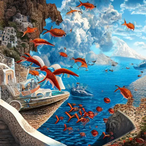 Prompt: Santorini Greece attacked by sea creatures, highly detailed artstation,