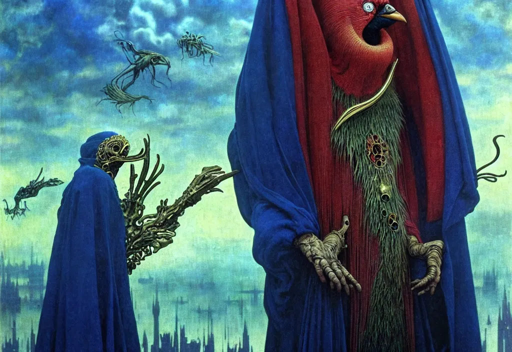 Image similar to realistic detailed portrait movie shot of a birdman wearing dark robes, sci fi city landscape background by denis villeneuve, amano, yves tanguy, alphonse mucha, ernst haeckel, max ernst, roger dean, masterpiece, rich moody colours, blue eyes, snarling dog teeth