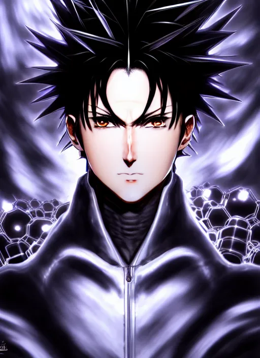 Prompt: a detailed manga full body portrait illustration of a dark spiky haired cyborg anime man surrounded by dark steam by hirohiko araki, detailed artwork, realism, 4 k resolution, detailed, high quality, sharp focus, hq artwork, insane detail, volumetric lighting, character concept art, fine details, clear subject, central subject