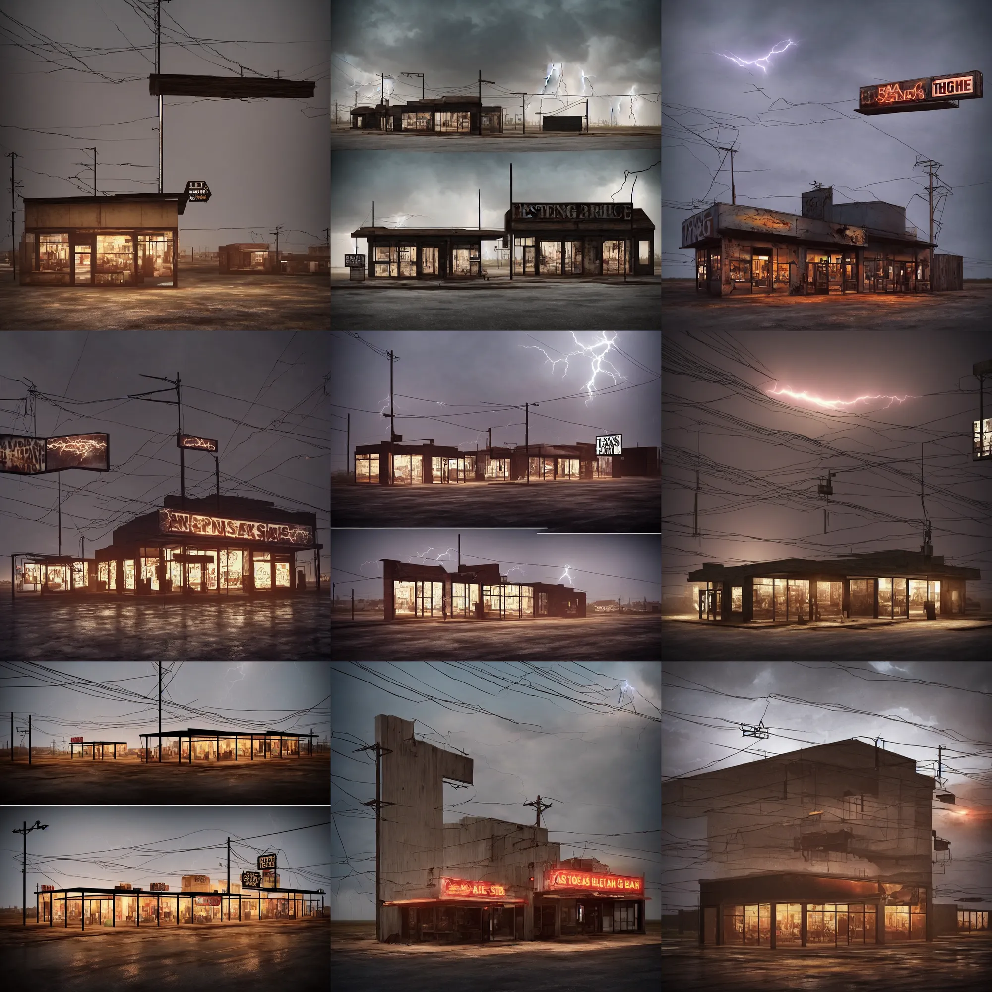 Prompt: a lone unused storefront in a vast texas wasteland, a single very fine lightning hits a big bar sign located on the storefront rooftop, ominous, extreme wide angle, dusk after a rainy day, cinematic lighting, vray, octane render 4 k uhd, trending in pinterest, trending in artstation, art by gregory crewdson