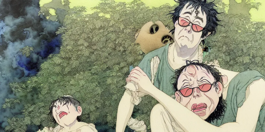 Image similar to a hyperrealist studio ghibli watercolor fantasy concept art of todd solondz crying. by rebecca guay, michael kaluta, charles vess