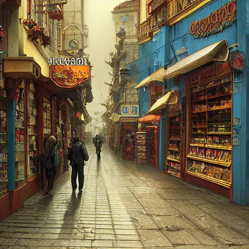 Prompt: A fantasycore of a convenience store with photograph of 2099 portugal lisbon on the street of a very highly detailed eldritch city matte painting art by Greg Rutkowski, a 12x(very) much detailed Dimensional cyan gold natural light, highly detailed by alphonse mucha, a 12x(very) much detailed by Eta Cru and James Gurney and Donato Giancola, composition by alphonse mucha