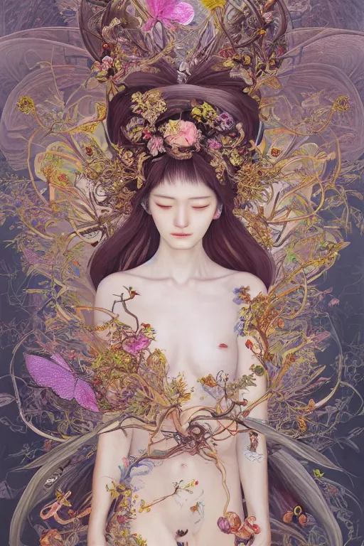 Image similar to breathtaking detailed concept art painting of the goddess of bugs, orthodox saint, with anxious, piercing eyes, ornate background, amalgamation of leaves and flowers, by Hsiao-Ron Cheng, James jean, Miho Hirano, Hayao Miyazaki, extremely moody lighting, 8K