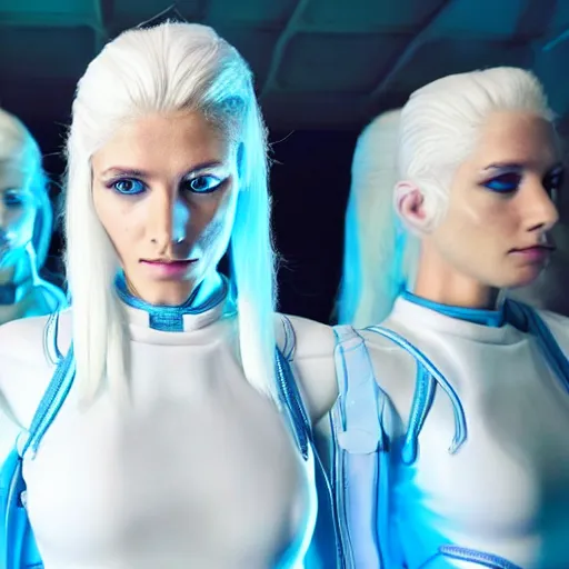 Prompt: troop of cloned women with white apache hairdos, white hair, tight light blue neopren suits, futuristic production facility, sci - fi, highly detailed, cinematic