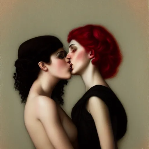 Image similar to a portrait of two women kissing in the style of tom bagshaw