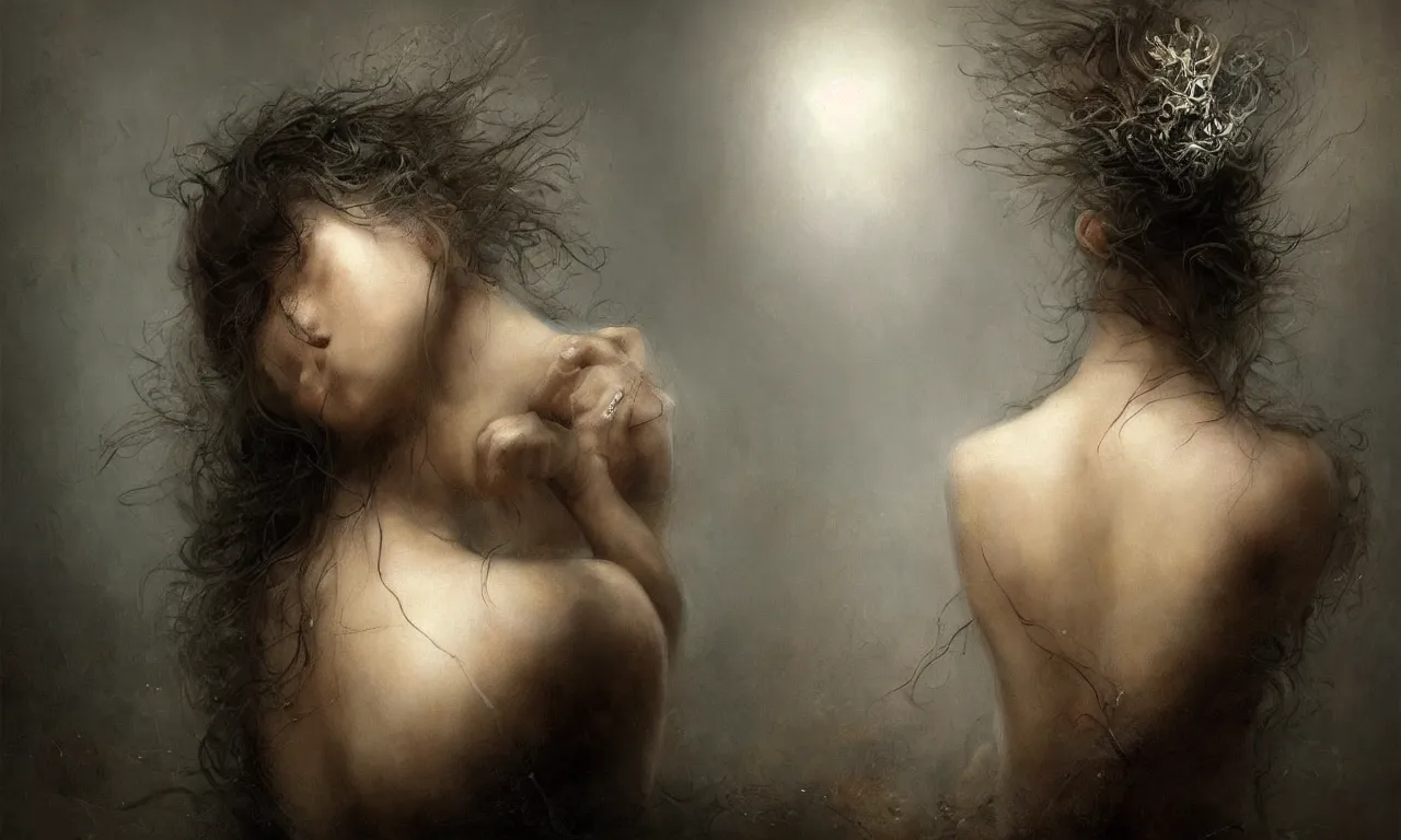 Prompt: breathtaking detailed soft painting of your head turns away, the new love, your head turns back, a fingertip on a drum charging sounds and harmony, rembrandt style, elegant, highly detailed, artstation, concept art, matte, sharp focus, art by luis royo and tom bagshaw, and greg rutkowski