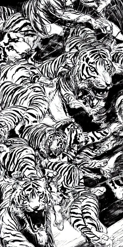 Image similar to man riding a chariot car being pulled by tigers drawn by Junji Ito.