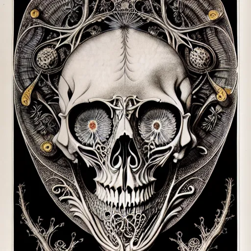 Image similar to art forms of nature by ernst haeckel, memento mori by arthur rackham, ornate antique porcelain beautiful skull mask, ultrasharp, photorealistic, hyperdetailed, octane render, polished, art nouveau, neo - gothic, gothic, intricate ornamental organic filigree, art nouveau botanicals, art forms of nature by ernst haeckel, horizontal symmetry, symbolist, visionary