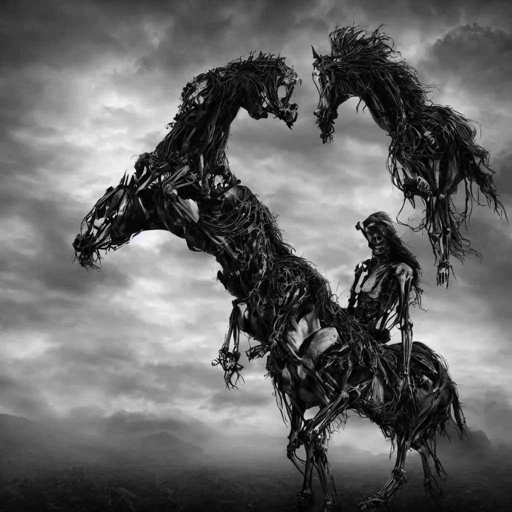 Image similar to a skeleton in a dark veil on a horse, dark and mysterious, stopped in time, atmospheric, ominous, eerie, cinematic, epic, 8 k, 4 k, ultra detail, ultra realistic