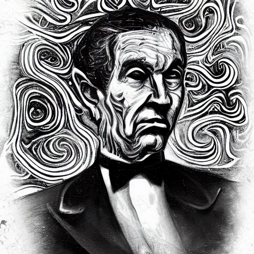 Image similar to mysterious time traveling man, painted in black and white, swirls