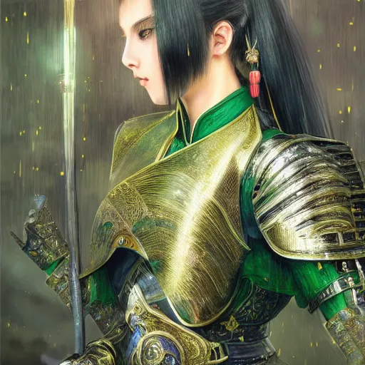 Image similar to portrait black hair young knights of Dynasty Warriors girl, metallic green armor, in ruin fire chinese palace sunrise, ssci-fi and fantasy, intricate and very beautiful and elegant, highly detailed, digital painting, soft light, artstation, concept art, smooth and sharp focus, illustration, art by tian zi and WLOP and alphonse mucha