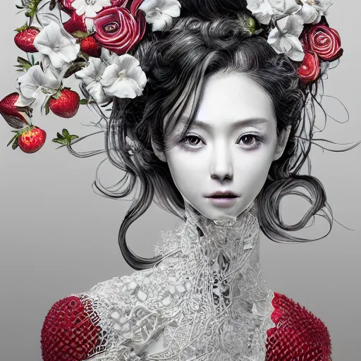 Image similar to the portrait of an absurdly beautiful, graceful, elegant, sophisticated, fashionable young gravure idol made of strawberries and white petals, an ultrafine hyperdetailed illustration by kim jung gi, irakli nadar, intricate linework, bright colors, octopath traveler, final fantasy, unreal engine 5 highly rendered, global illumination, radiant light, detailed and intricate environment