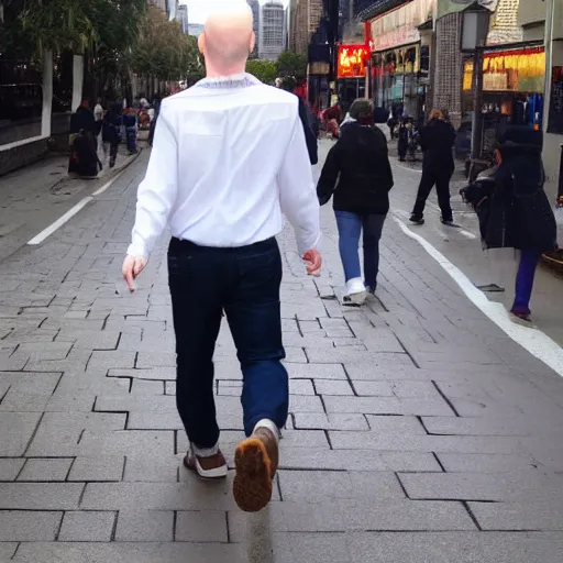 Image similar to A giant balding, white, ginger man walking through the city